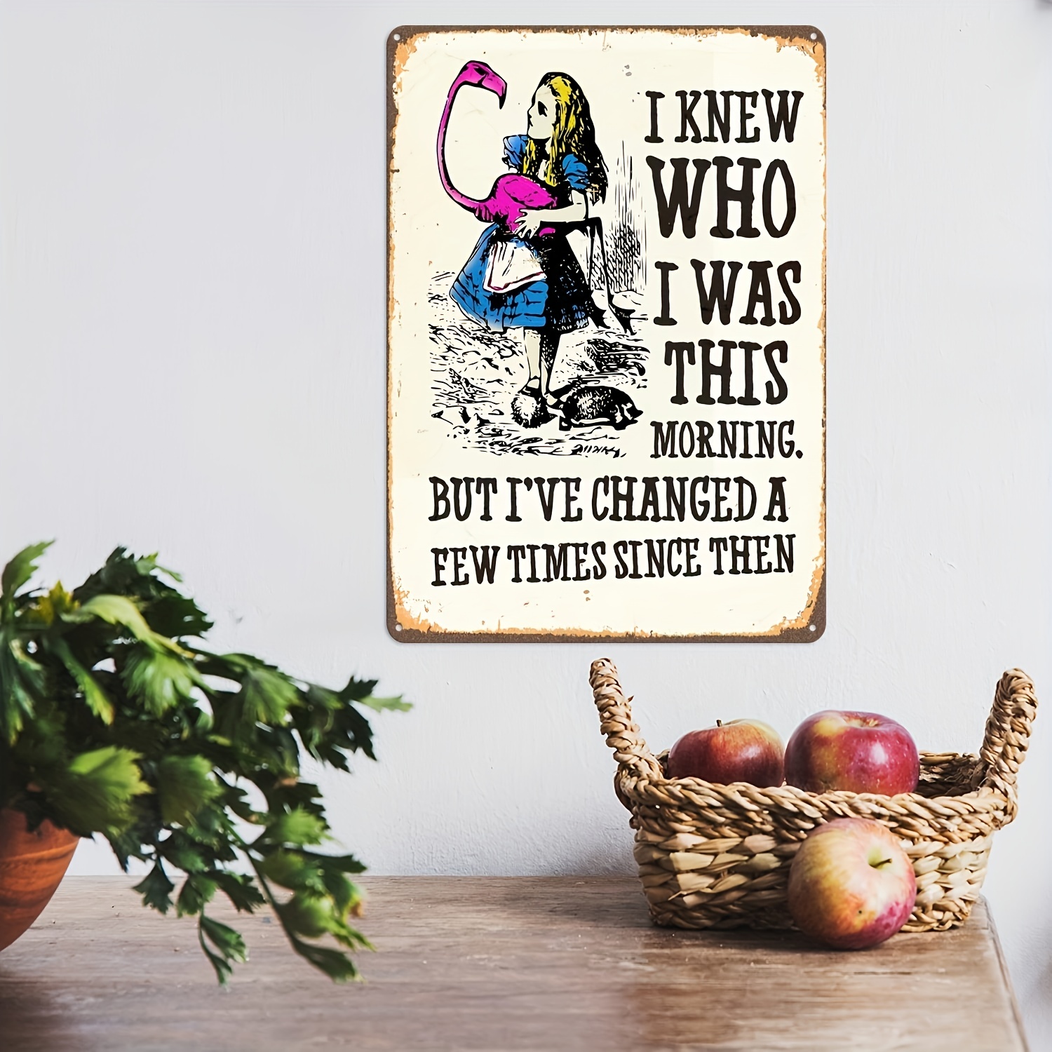 Alice in Wonderland Gifts Decorations Metal Tin Signs- I Know Who I Was This Morning - 12x8 Inches Vintage Retro Room Decor Metal Poster Tea Party