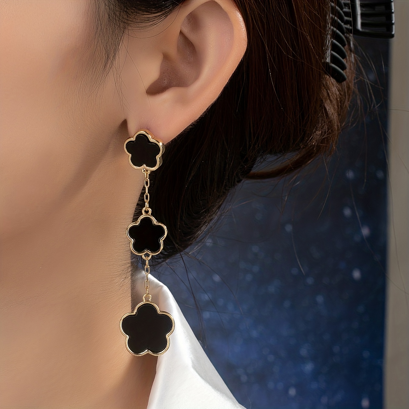 

Black Flower Design Dangle Earrings Bohemian Simple Style Zinc Alloy 14k Gold Plated Jewelry Trendy Female Earrings