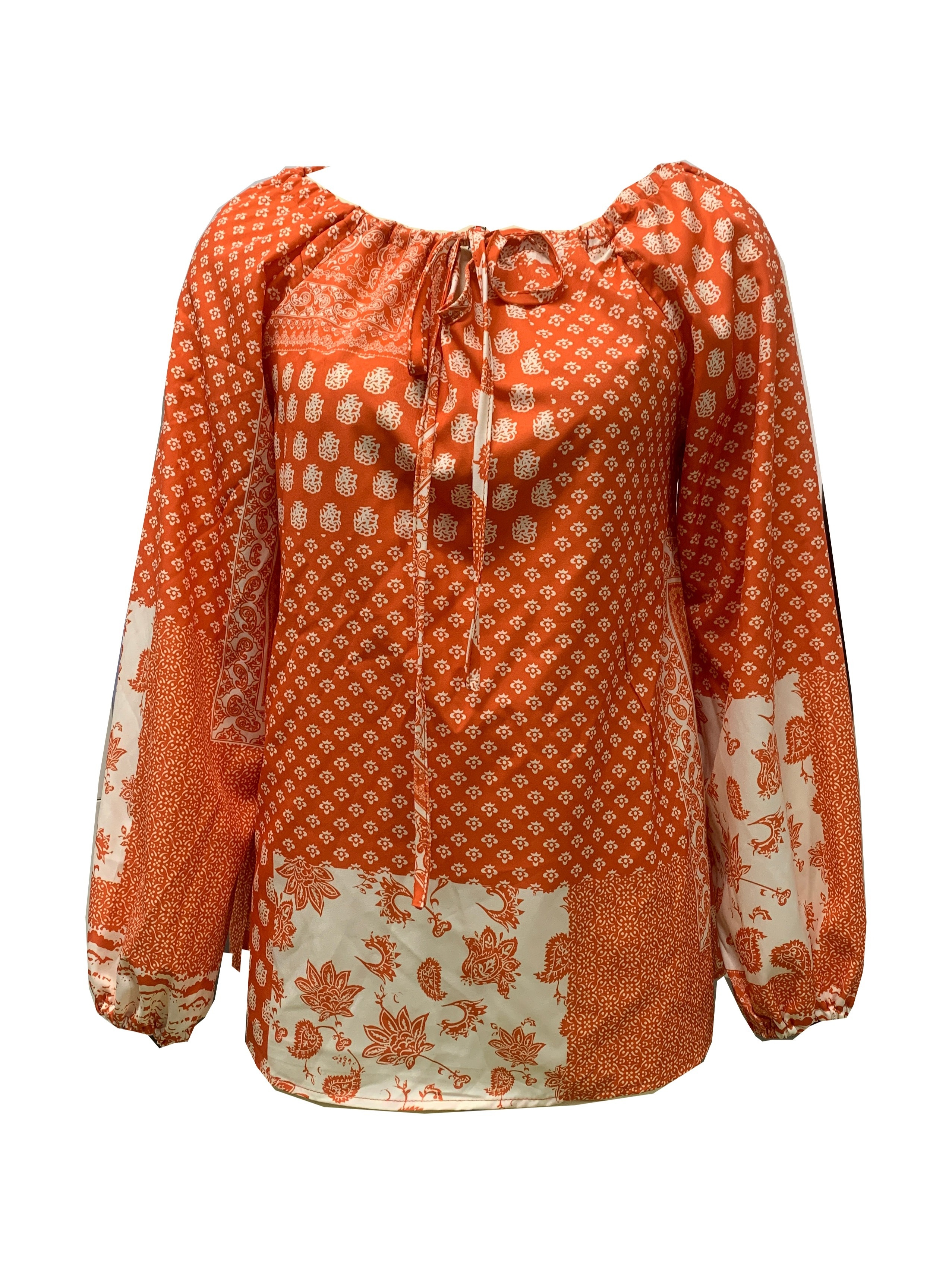 Floral Print Drawstring Blouse, Boho V Neck Long Sleeve Blouse, Women's  Clothing