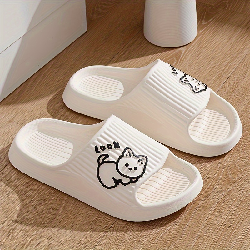 Women's Minimalist Slippers With Cartoon Cats, Lightweight Non-slip Flat Home Slippers, Women Shoes