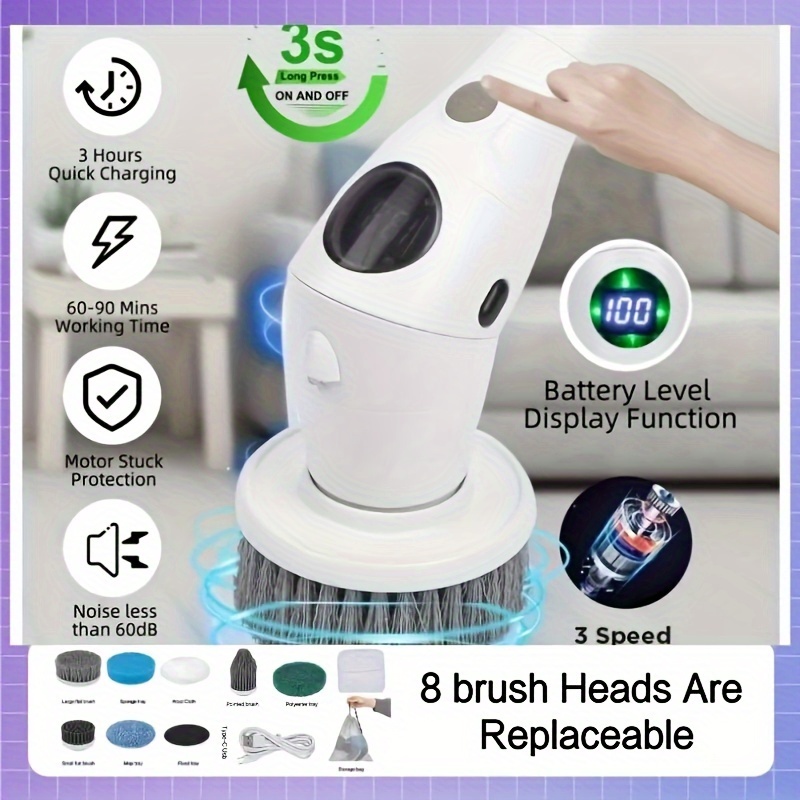 Synoshi | Electric Spin Scrubber, Power Brush with 3 Replaceable Heads, Cordless & Waterproof, Gray