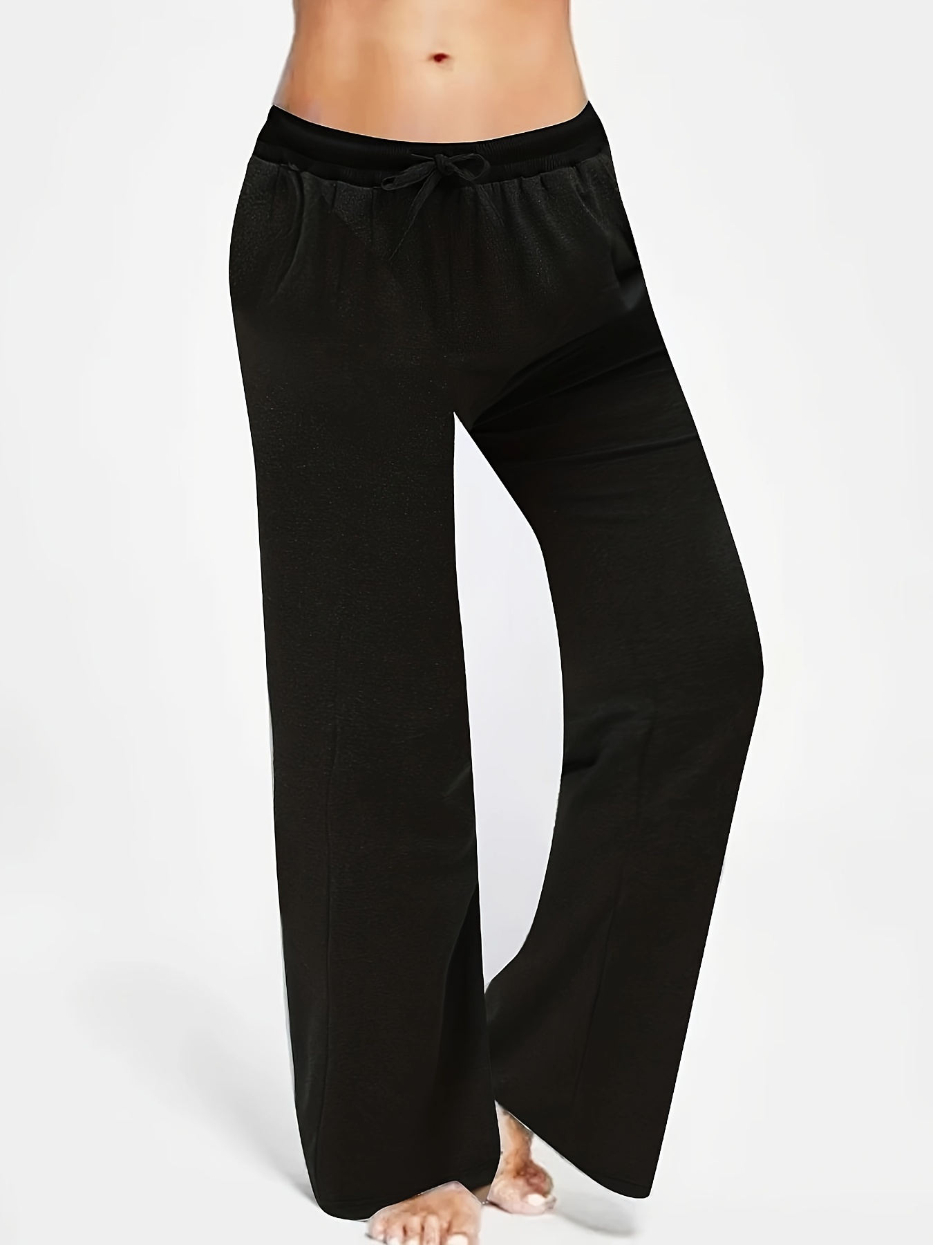Solid Drawstring Straight Leg Pants, Casual Pocket Elastic Waist Pants,  Women's Clothing