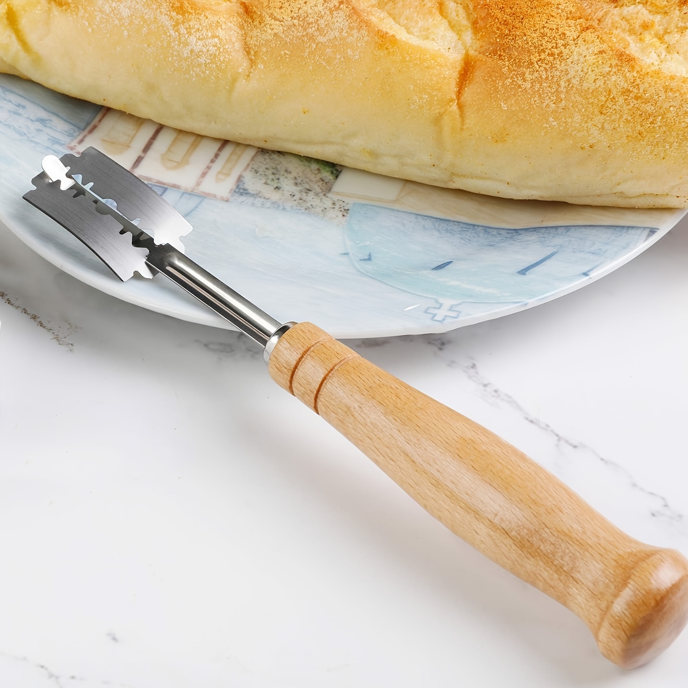 1pc Stainless Steel Bread Lame Dough Scoring Tool With Wooden Handle,  Curved Bread Cutting Razor