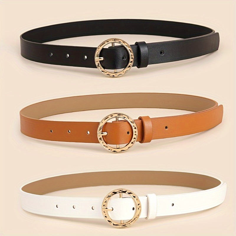Classic Round Buckle Belt Simple Casual Solid Color Pu - Temu