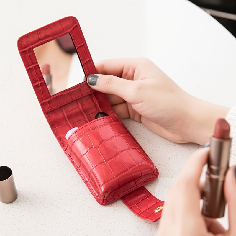 Genuine Leather Portable Lipstick Cosmetic Bag With Mirror Mini Makeup Bag  Case