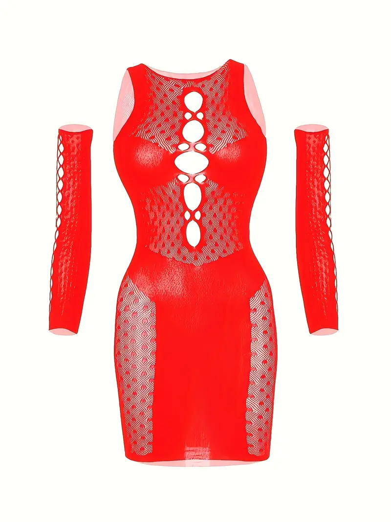 Seductive Polka Dot Fishnet Dress, Hollow Out Sleeveless Bodycon Babydoll,  Women's Sexy Lingerie & Underwear