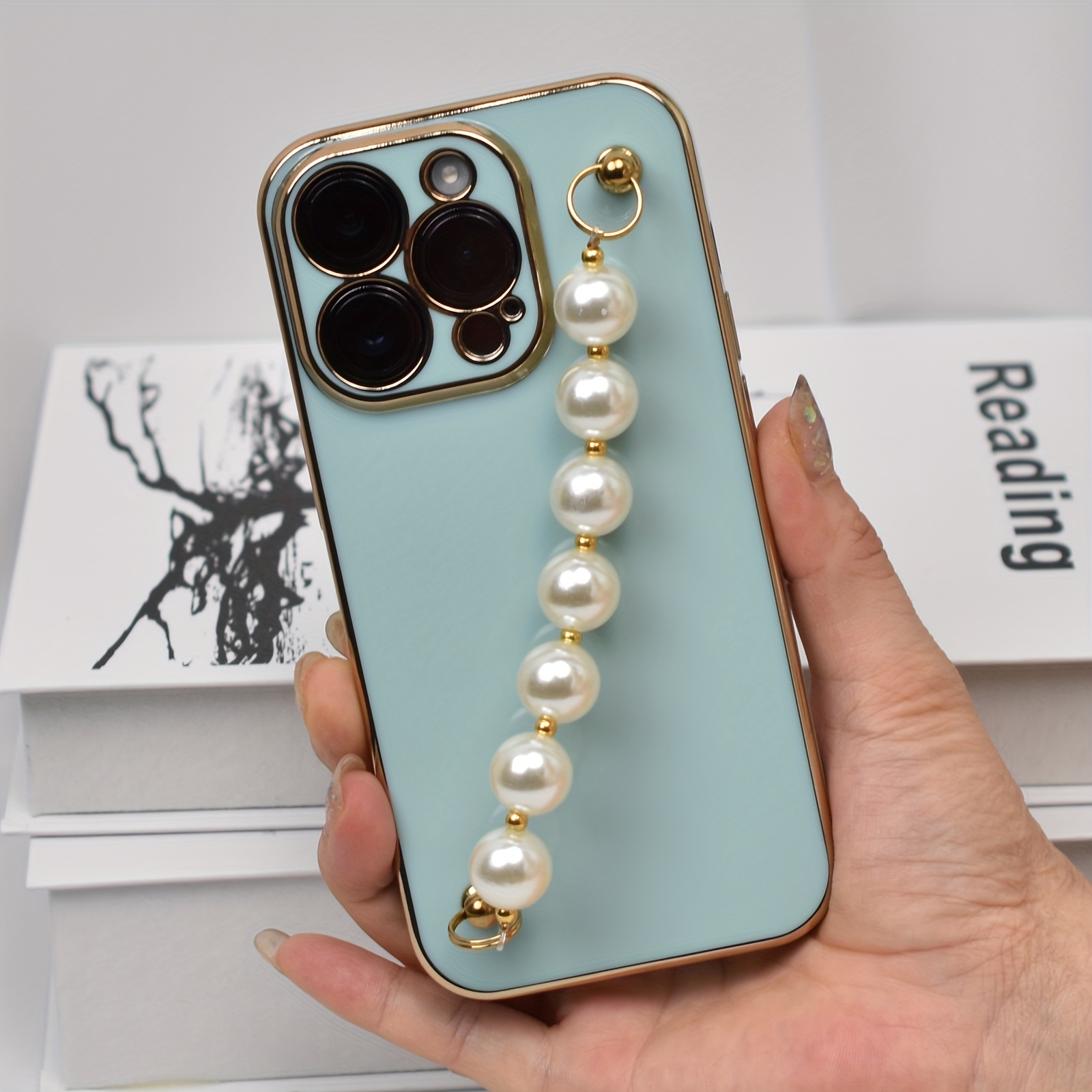 

Electroplated Case Round Pearl Wrist Bracelet Electroplated Case Small Baby Blue For Iphone 14/13/12/11 Plus Pro Max