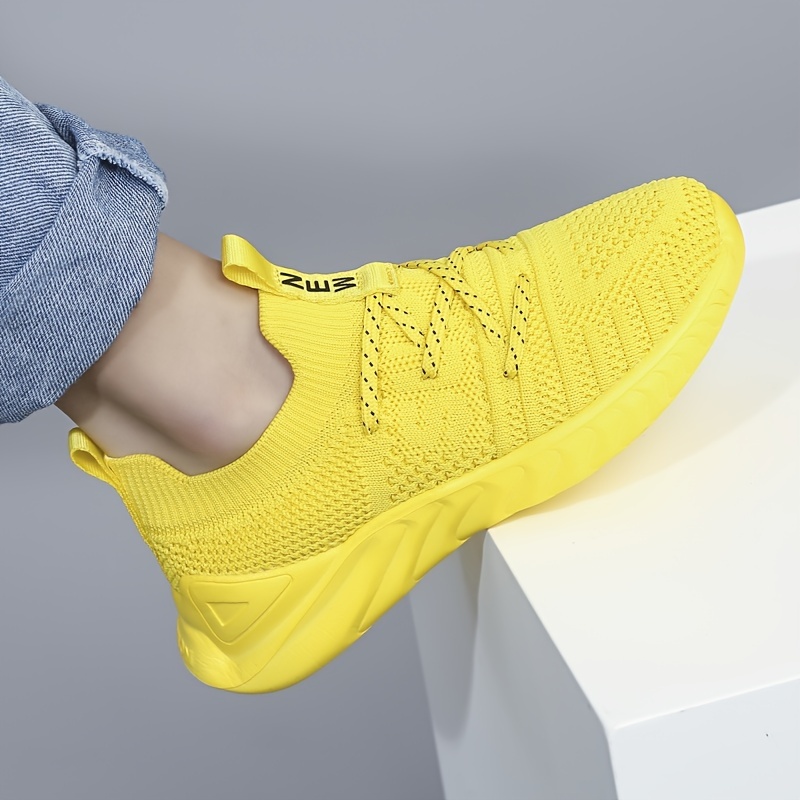 boys casual simple woven knit sneakers lace up breathable lightweight walking shoes for outdoor sports yellow details 0
