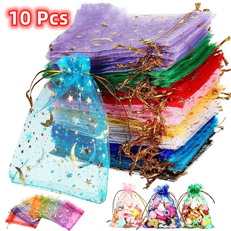10pcs Moon Stars Drawstring Organza Bags Jewelry Gift Bags Pouches Gold Star Organza Favor Pouches For Christmas Wedding Party