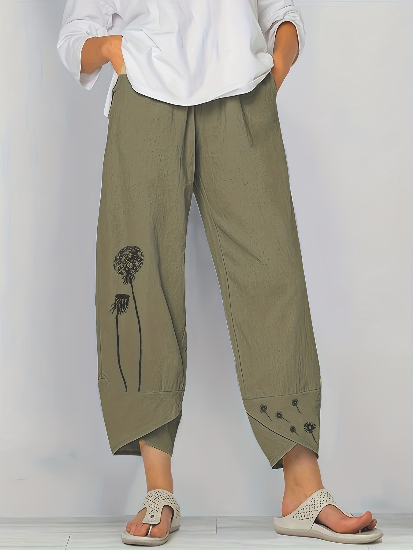 CZHJS Women's Dandelion Pattern Solid Color Cotton Linen Pants Summer  Trousers Casual Loose Flowy Wide Leg Petal Split Cropped Pants with Pockets