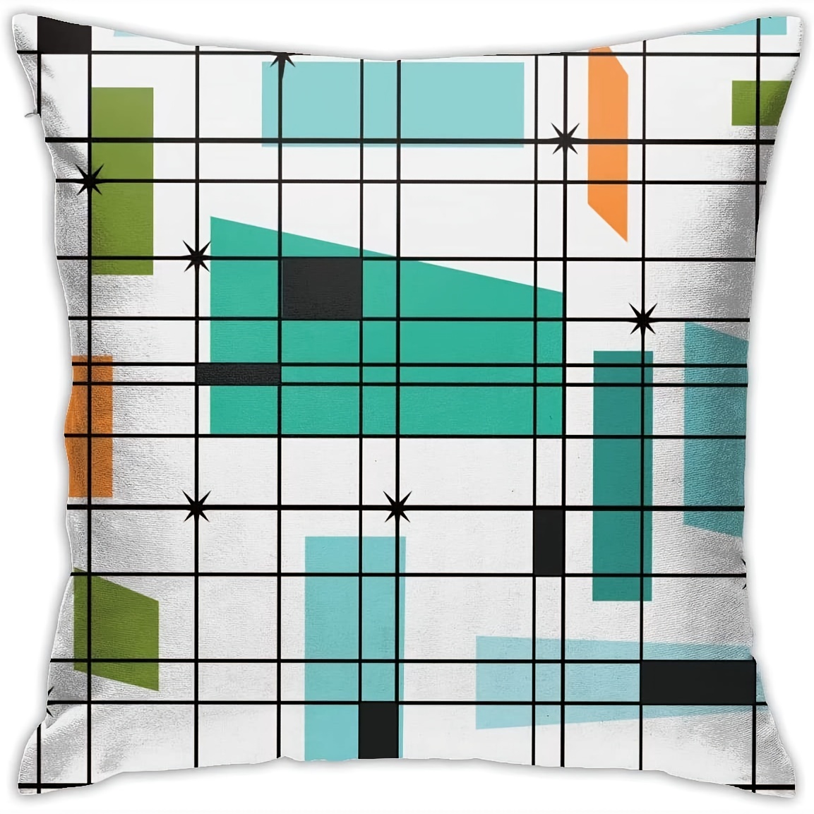 Teal Grid Square Linen Cushion Cover, Mid-century Pillow Cover