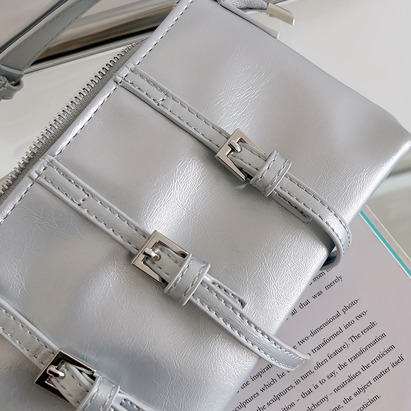 Silver Leather Shoulder Bag Soft Leather Underarm Bag Big Bucket Bag Y2K  Style