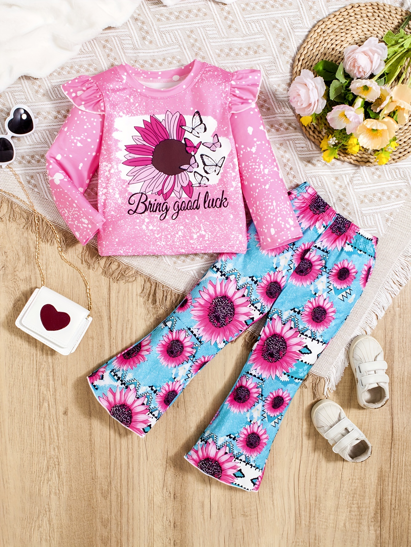 Girl's Sunflower Pattern Outfit Bright Sunny Print - Temu