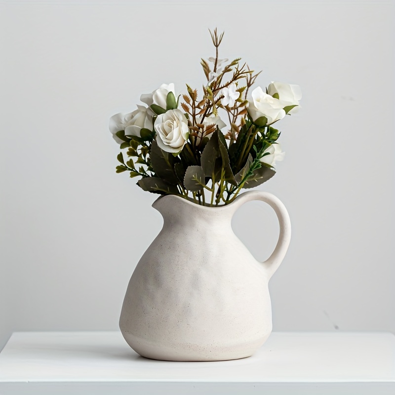 

1pc Ceramic White Vase With Handle, Rustic Pitcher Vase For Home Decor, Vintage Jug Vase For Farmhouse Decor, Tabletop Decor