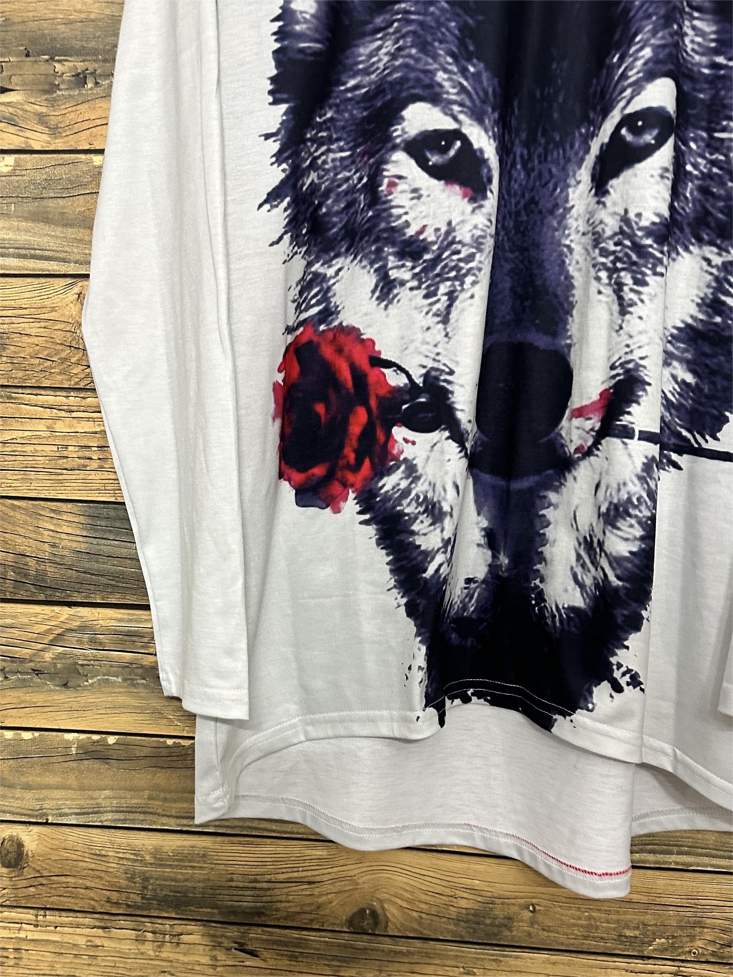 Wolf Pattern Crew Neck T shirt Casual Raglan Sleeve T shirt Temu