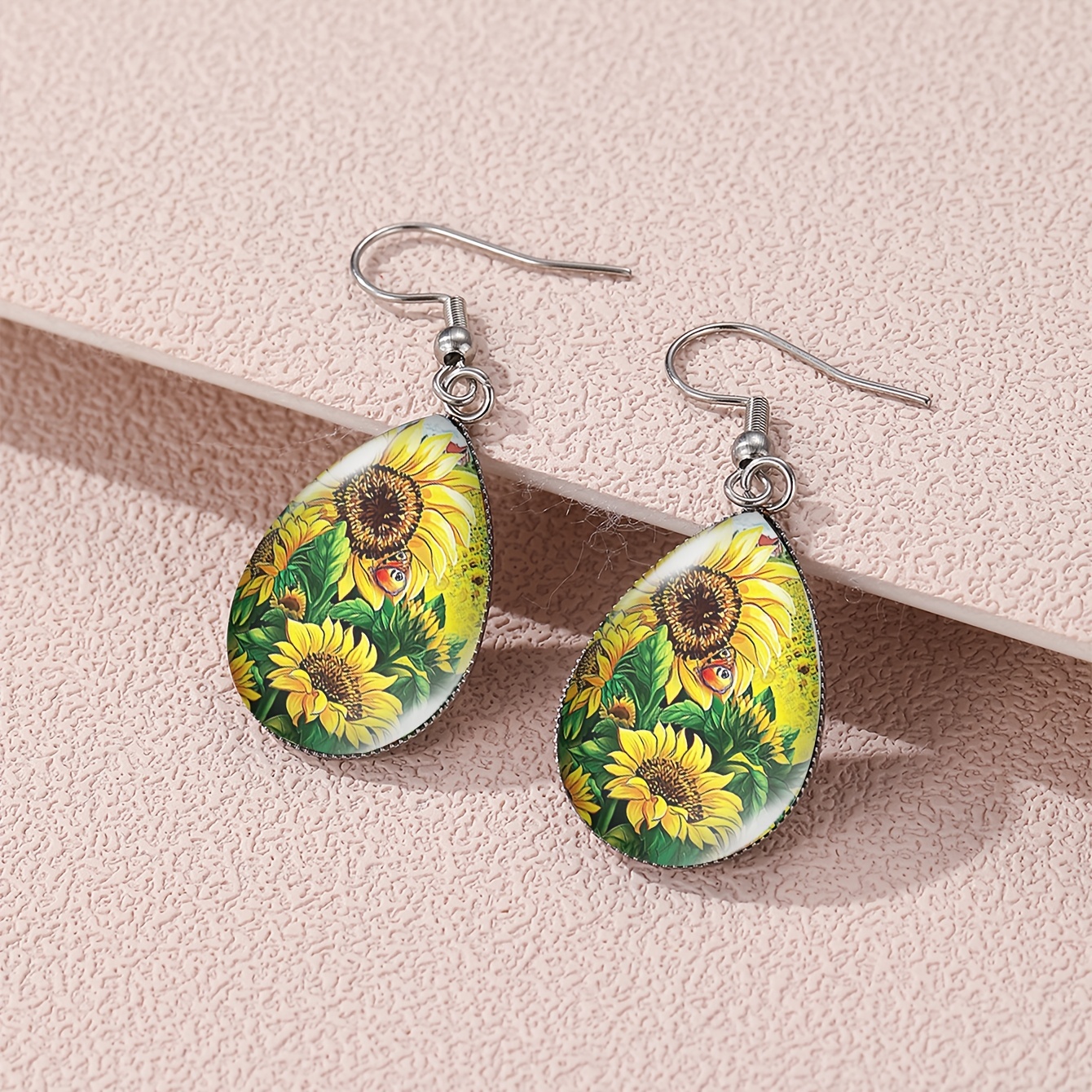 Elegant Sunflower & Hummingbird Teardrop Earrings