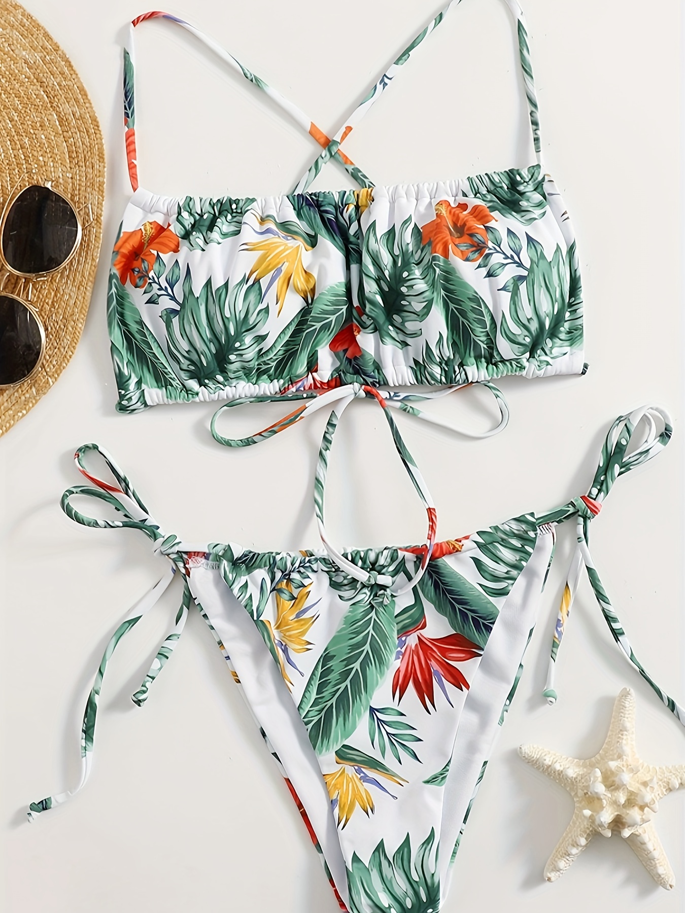 Tropical Print Bikini Sets V Neck Spaghetti Straps Tie Front - Temu