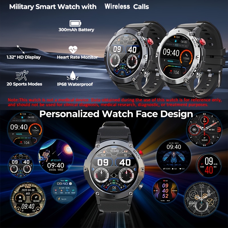 Military Smart Watch for Men Outdoor Waterproof Tactical Smartwatch  Bluetooth Dail Calls Speaker 1.3'' HD Touch Screen Fitness Tracker Watch  Compatible with iPhone Samsung 