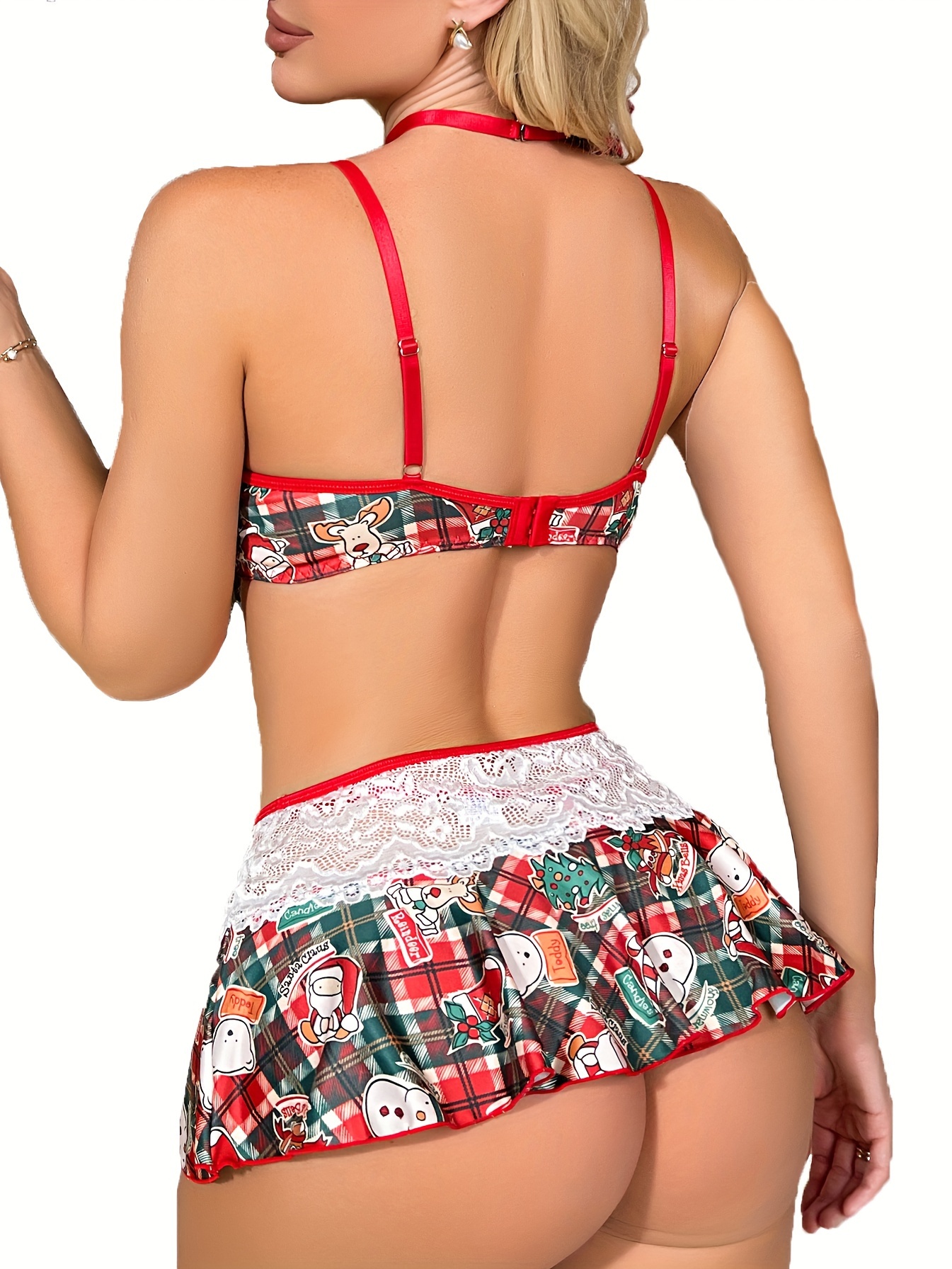 Womens Lace Sexy Plaid Bra Set Christmas Red Check Lingerie