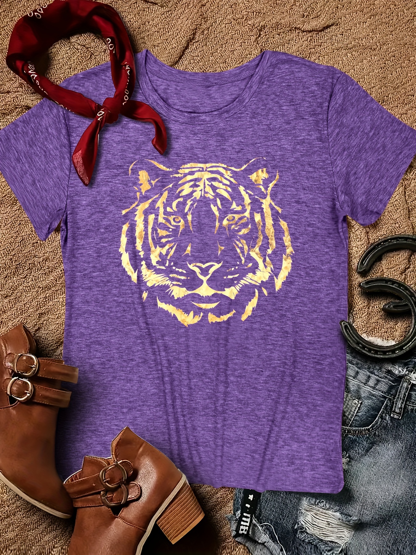 Tiger Print Crew Neck T-Shirt, Casual Short Sleeve Top For Spring & Summer,  Women's Clothing