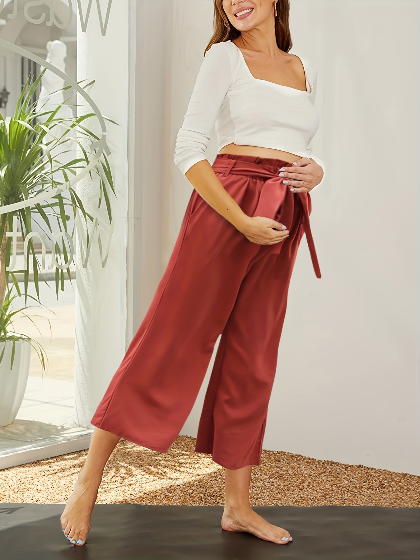 Women's Loose Flowy Belted Maternity Pants, Outdoor Casual Vacation Wide  Leg Palazzo Pants High Waist Paper Bag Pants With Pockets