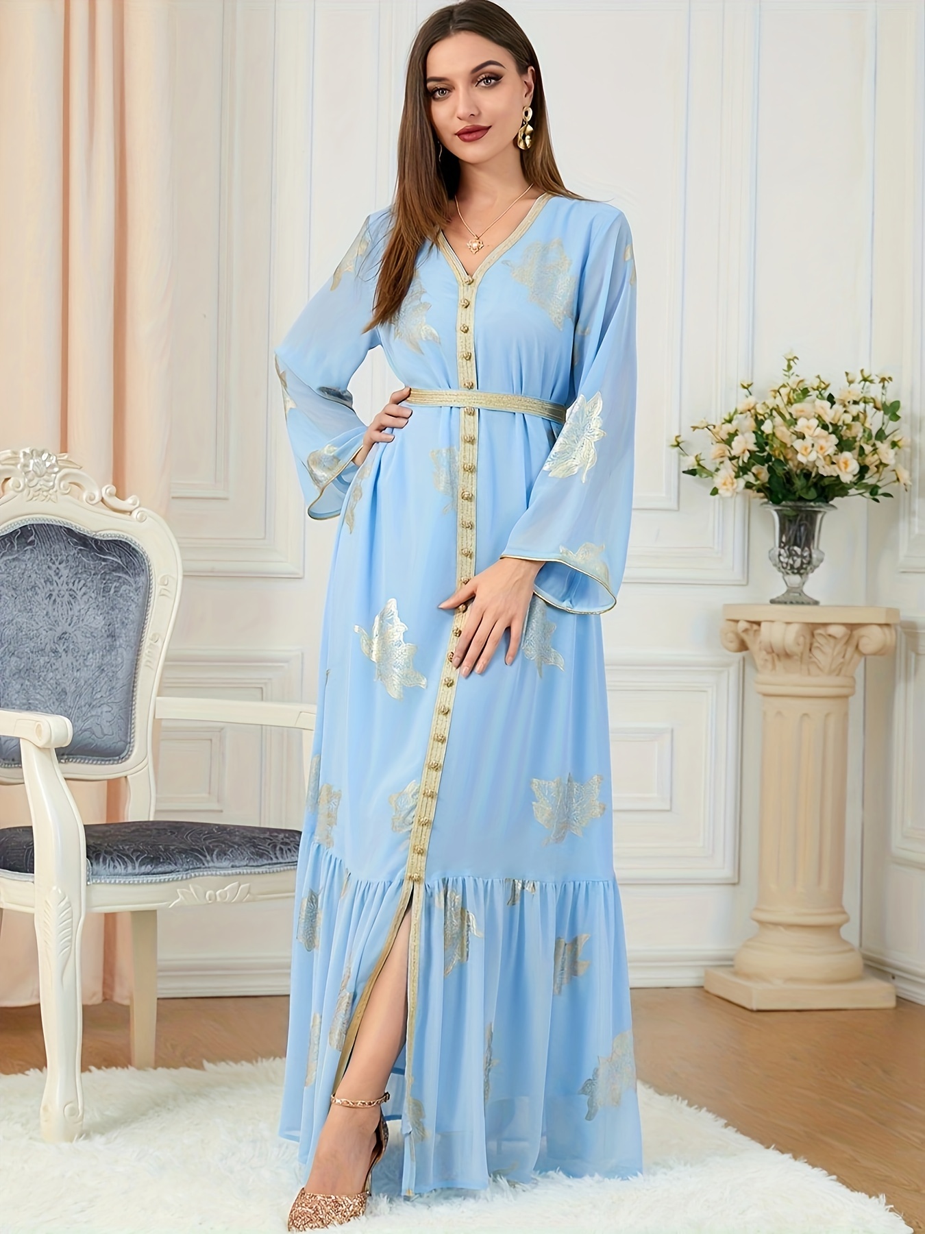 Gold Embroidered Kaftan Elegant Long Dress, Loose Maxi Vacation Dress For  Summer & Spring, Women's Clothing