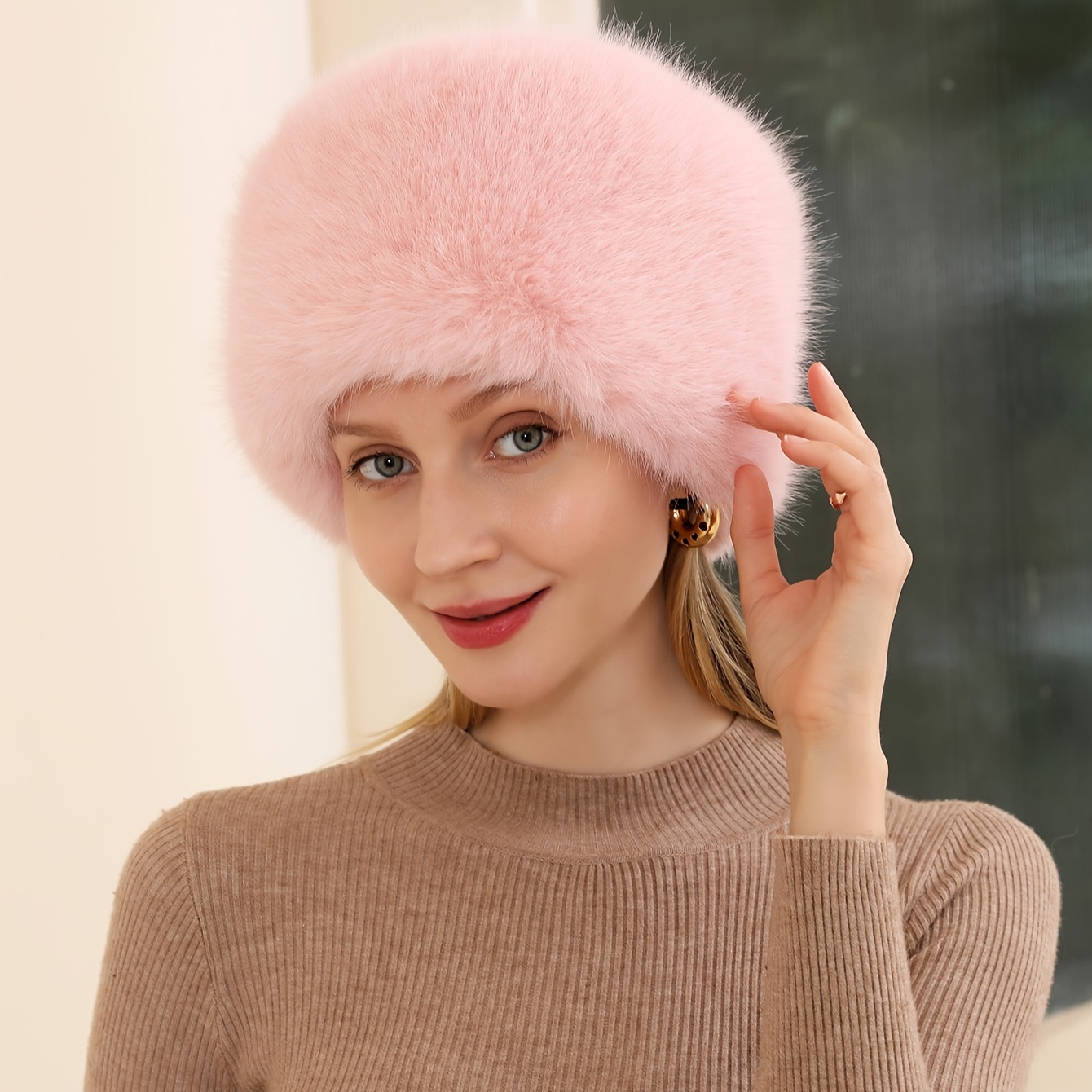 Women Outdoor Cold-proof Thicken Knitted Cap Pom Pom Ball Hats Faux Fur  Beanies Hat Winter Warm WHITE 