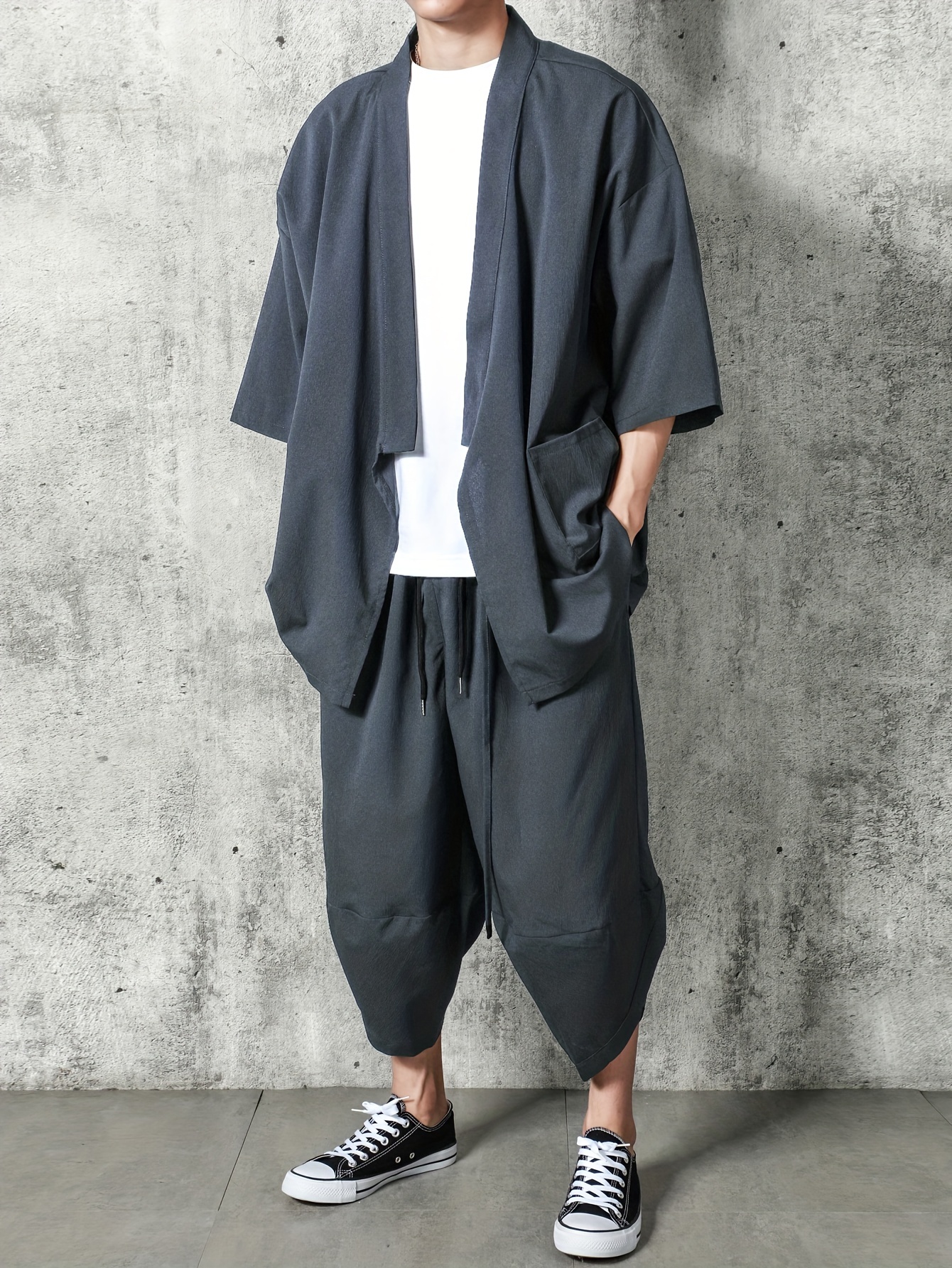 Japanese Style Modern Kimono Short-Sleeved T-Shirt Loose Pants Set Wear For  Men