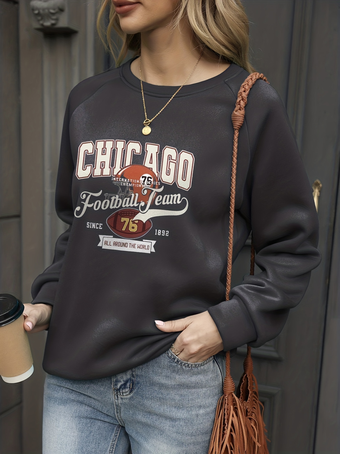 Chicago Football Team Print Pullover Sweatshirt, Casual Long Sleeve Crew  Neck Sweatshirt For Spring & Fall, Women's Clothing - Temu Australia