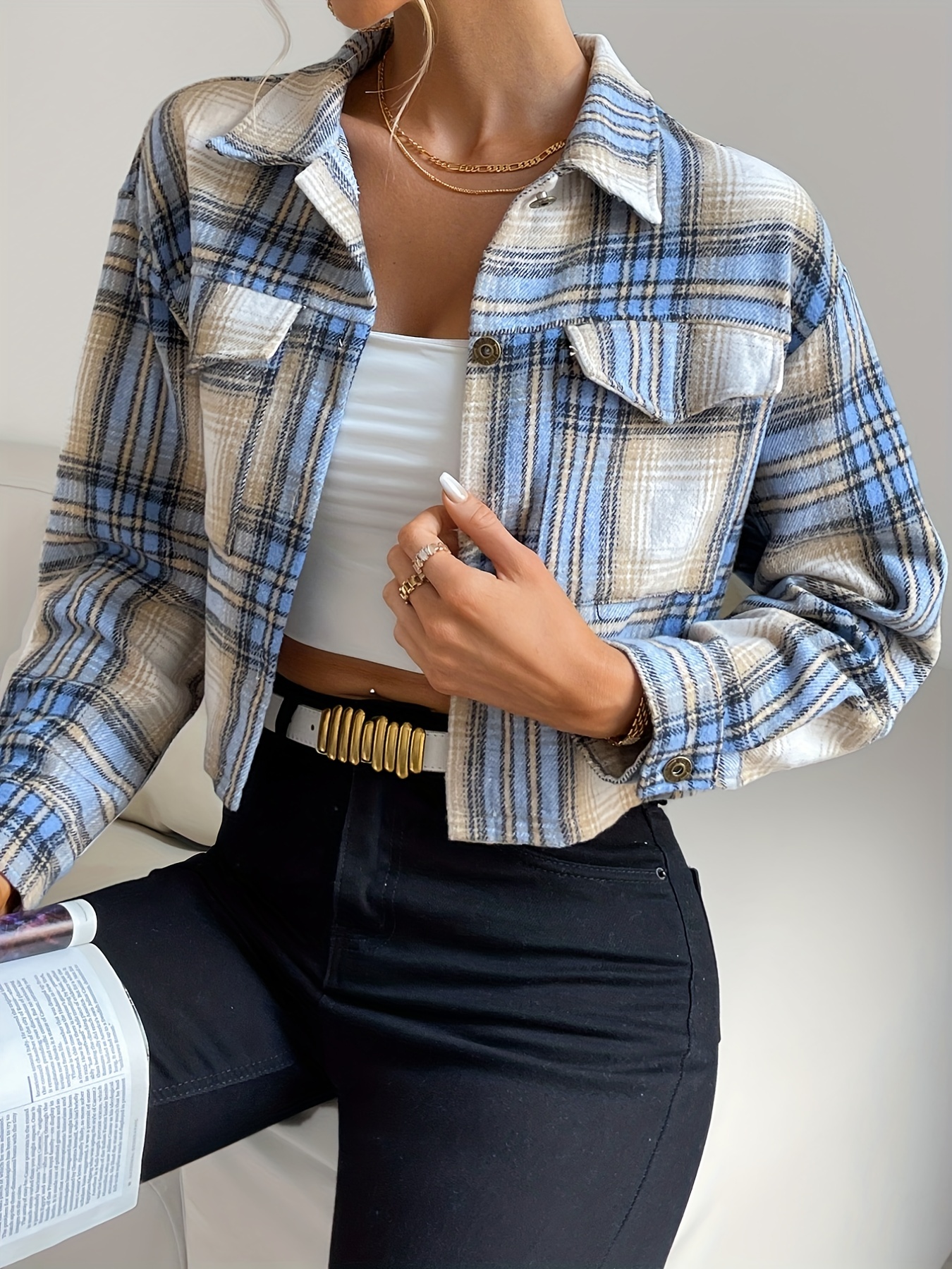 Button Plaid Lapel Jacket, Casual Flap Pockets Long Sleeve Crop Jacket,  Women's Clothing - Temu