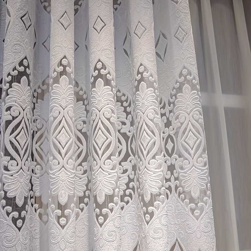 elegant european villa inspired sheer curtains 2pcs set brown white hollow jacquard design with embroidery   living room bedroom decor details 9