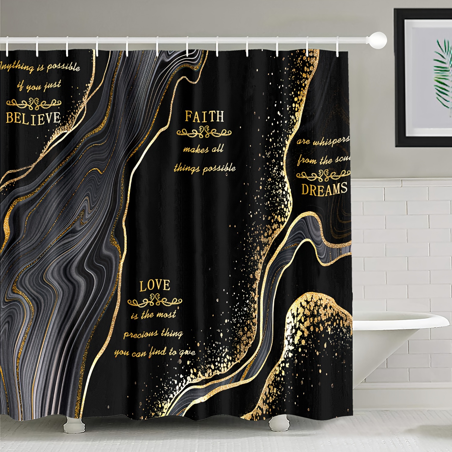 

4pcs Black Golden Marble Printed Set, Waterproof Bathroom Partition Curtain With Hooks, Non-slip Bath Rug, Toilet U-shape Mat, Toilet Lid Cover Mat, Bathroom Accessories, Bathroom Decor