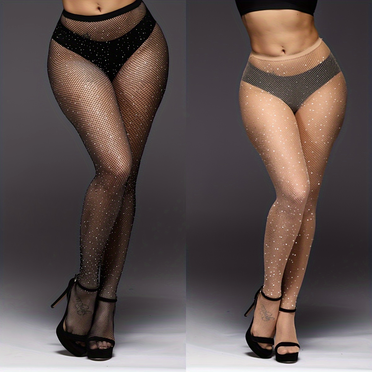 2 Piece Rhinestone Fishnet Tights, Sexy Hollow Out High Waist Mesh  Pantyhose, Women's Stockings & Hosiery