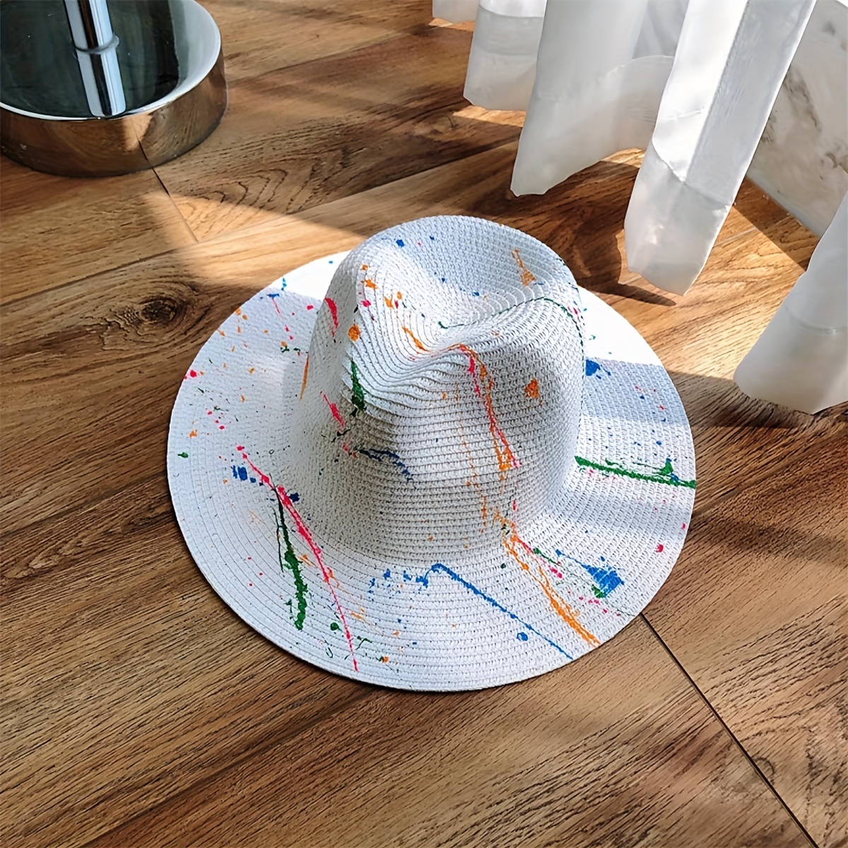 1pc Unisex Graffiti Straw Hat With Artistic And Jazz Style
