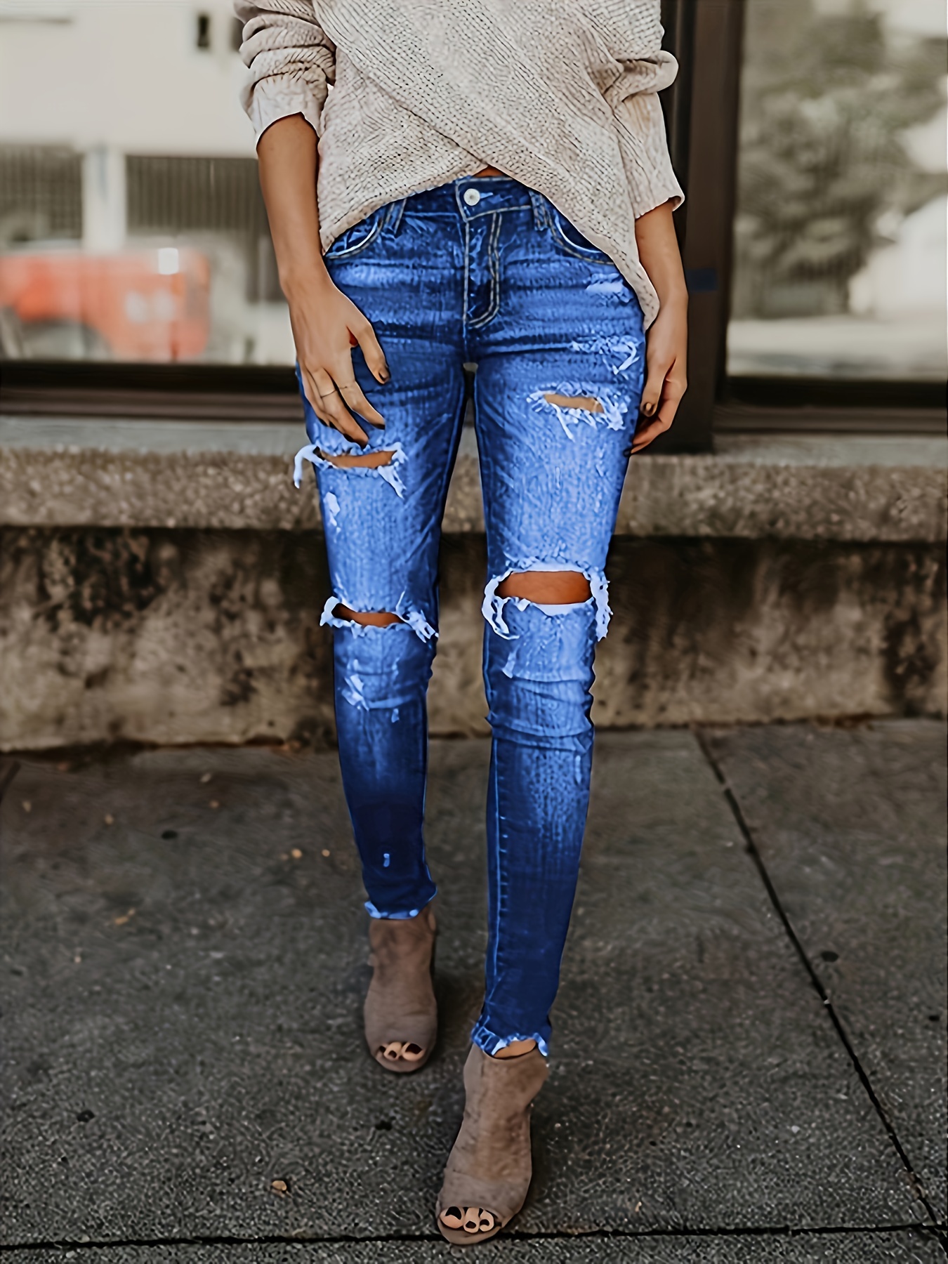 Blue Ripped Holes Cropped Skinny Jeans Slim Fit Slash - Temu Canada