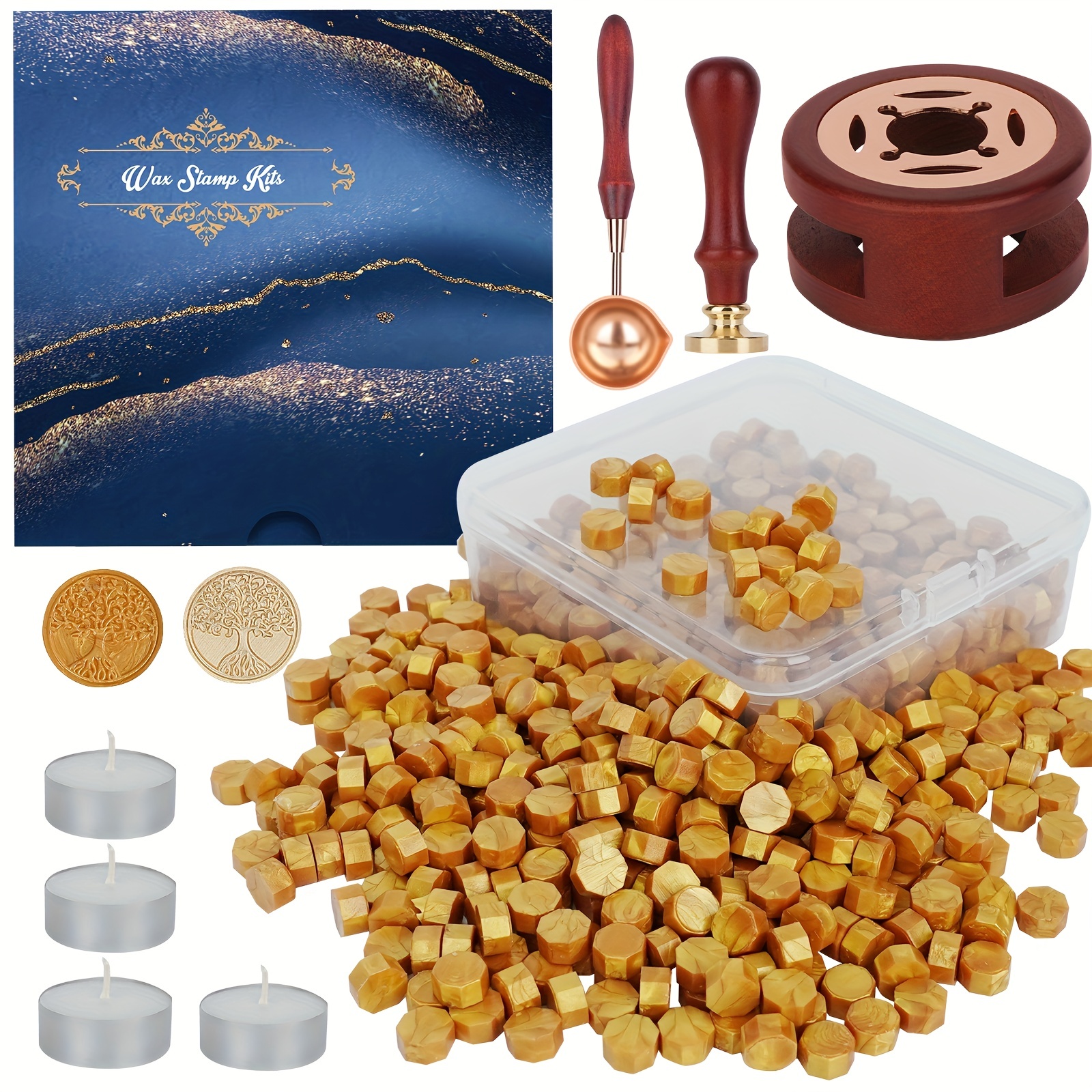 Hexagon Wax Seal Beads Sealing Wax for Wax Seal Stamp,with A Wax Spoon and  4Pcs Tea Candles