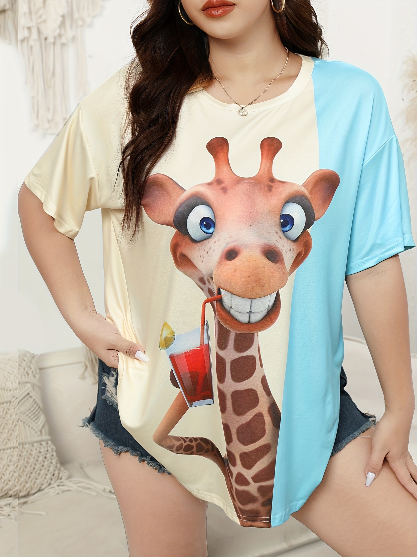 Plus size casual T shirt dames plus cartoon giraffe print Temu