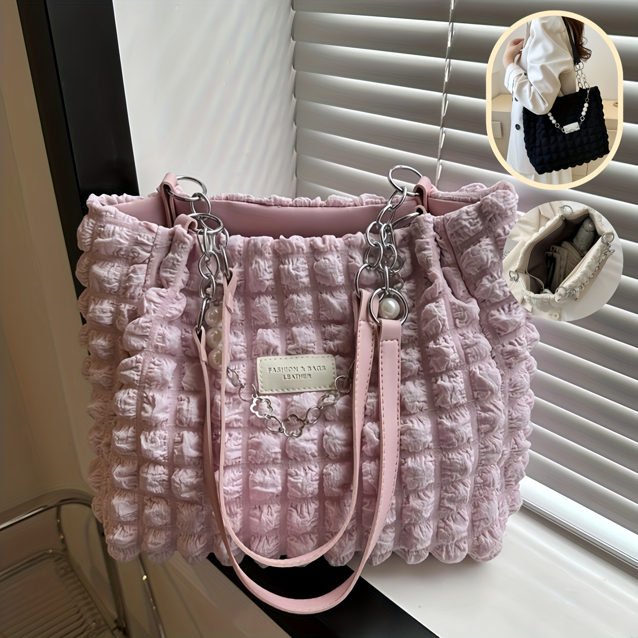 

Pleated Bubble Shoulder Bag, Aesthetic Cloud Ruched Tote Bag, Fashion Soft Handbag For Women