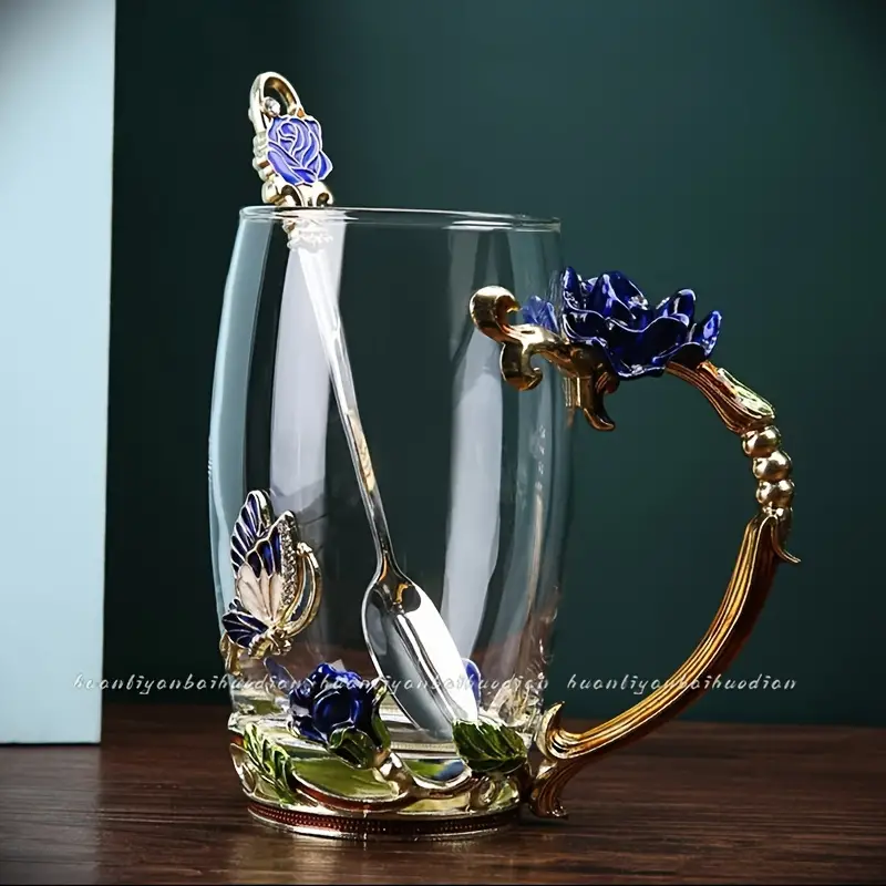 Flower Enamel Crystal Tea Cup, Glass Coffee Mug, Glass Tumbler, Butterfly  Painted Flower Water Cups, Clear Glass With Lid And Spoon, Gift Set - Temu