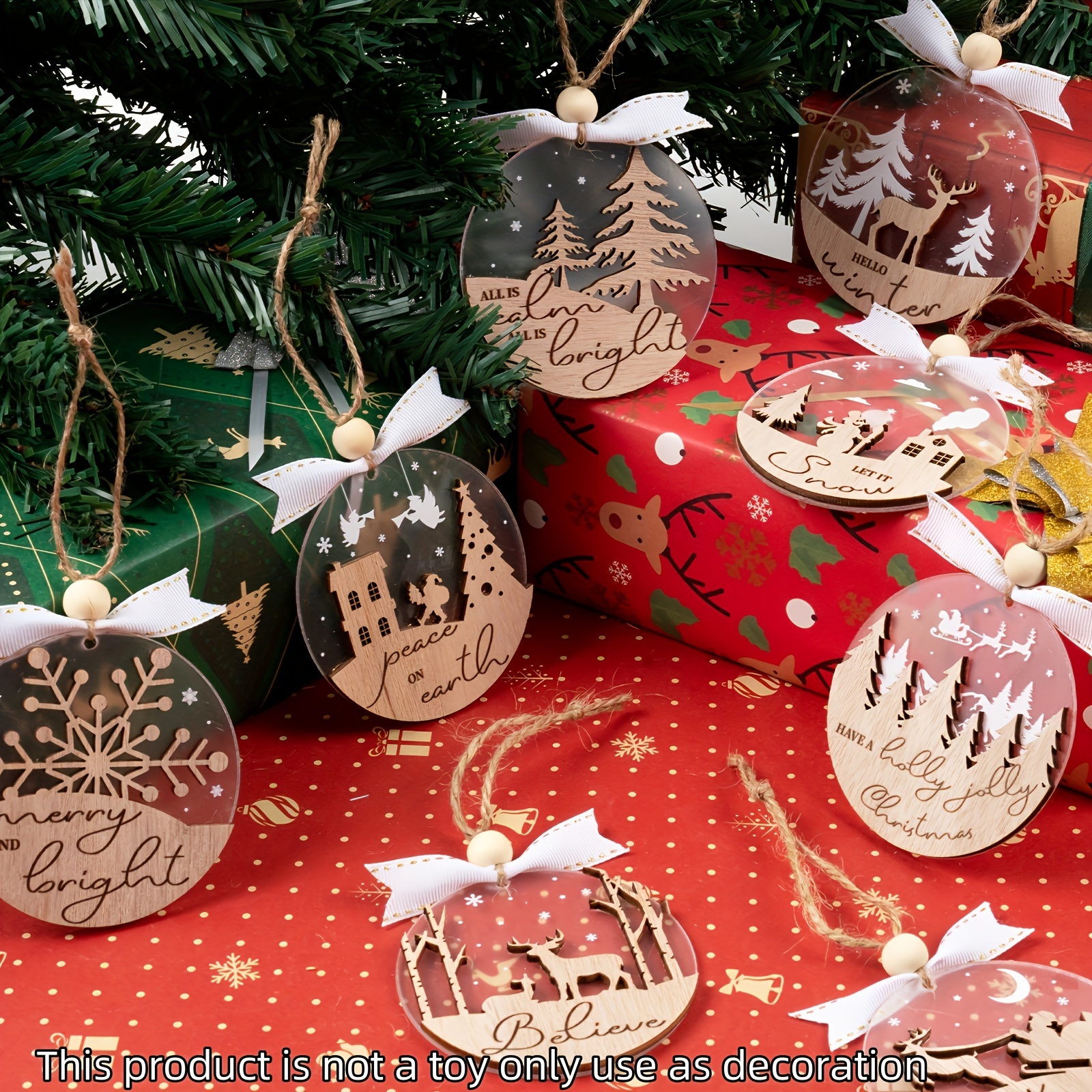 Jlong Christmas Hanging Wooden Ornaments, Farmhouse Rustic Ornaments for  Christmas Tree Decoration,Hollow Merry Christmas Cutting Wood Carving