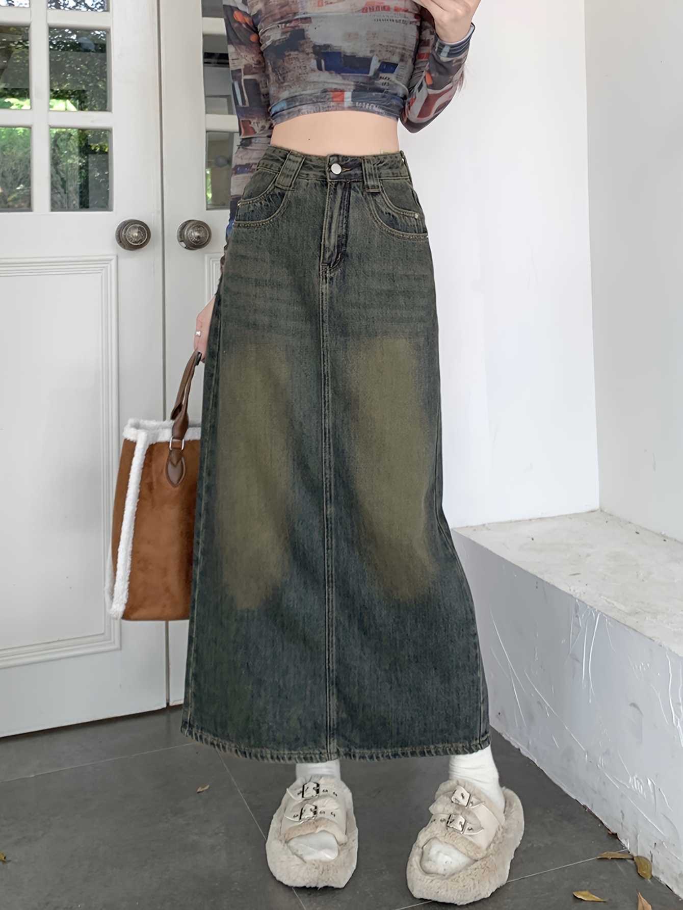 Split Front Deep Blue Slash Pocket Denim Skirt, Causal Washed Zipper Button  Closure Long Denim Skirt, Women's Denim Jeans & Clothing