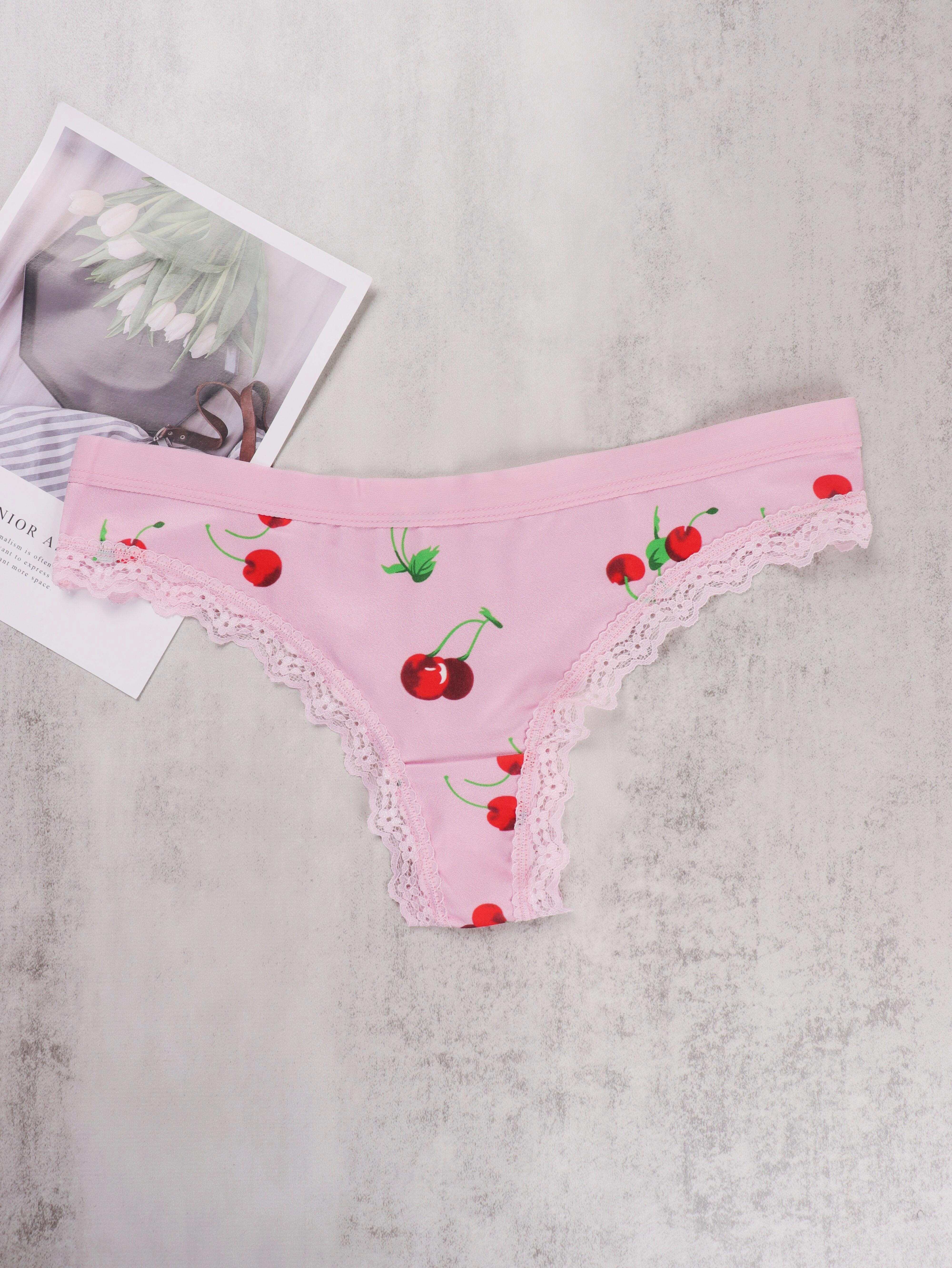 Fruit Print Thongs Cute Low Waist Contrast Lace Stretchy - Temu Canada