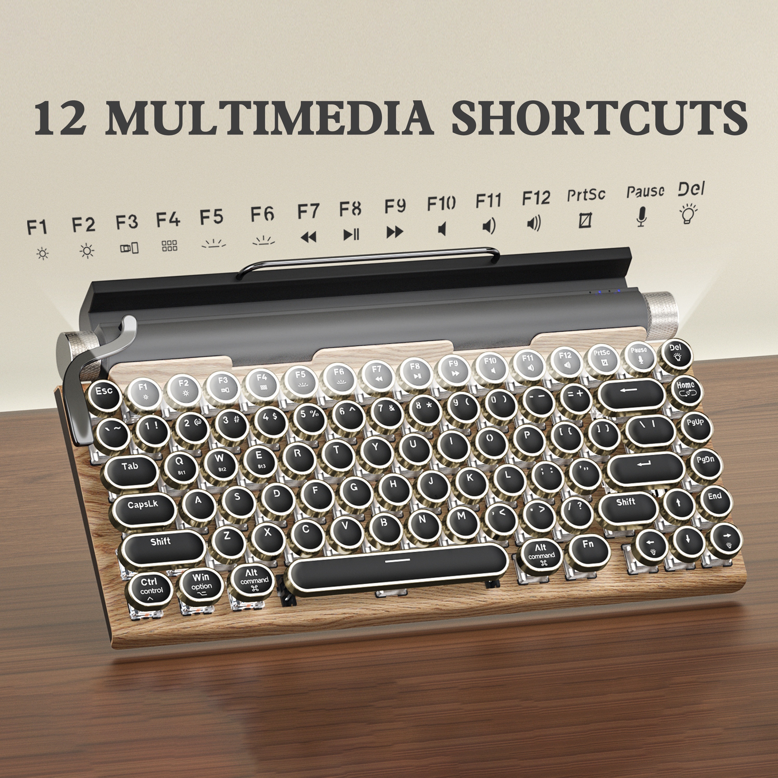 Teclado mecánico retro estilo máquina de escribir, retroiluminación LED, 83  teclas, Bluetooth 5.0, panel de color de madera de eje azul, compatible