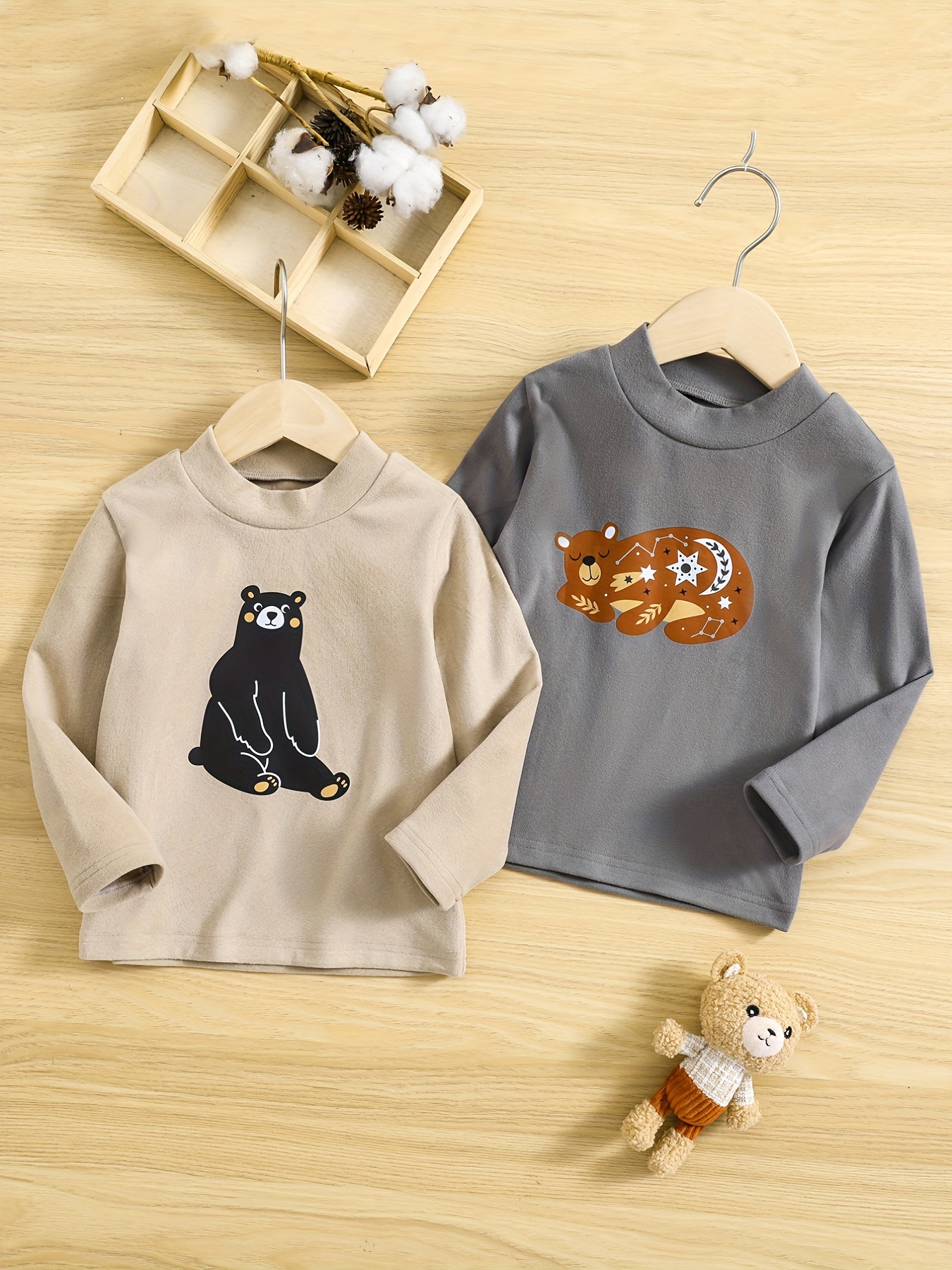 2pcs Kid's Long Sleeve Thermal Underwear, Bear Print Pullover, Crew Neck  Top, Soft Comfy, Boys Clothes For Spring Fall Winter