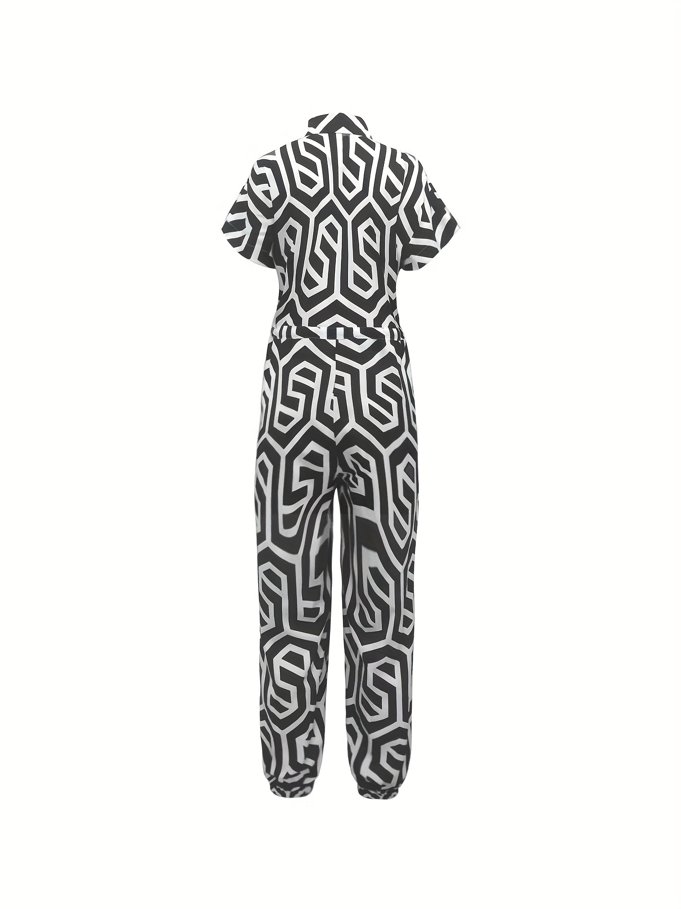 Allover Print Drawstring Waist Jumpsuit, Casual Short Sleeve