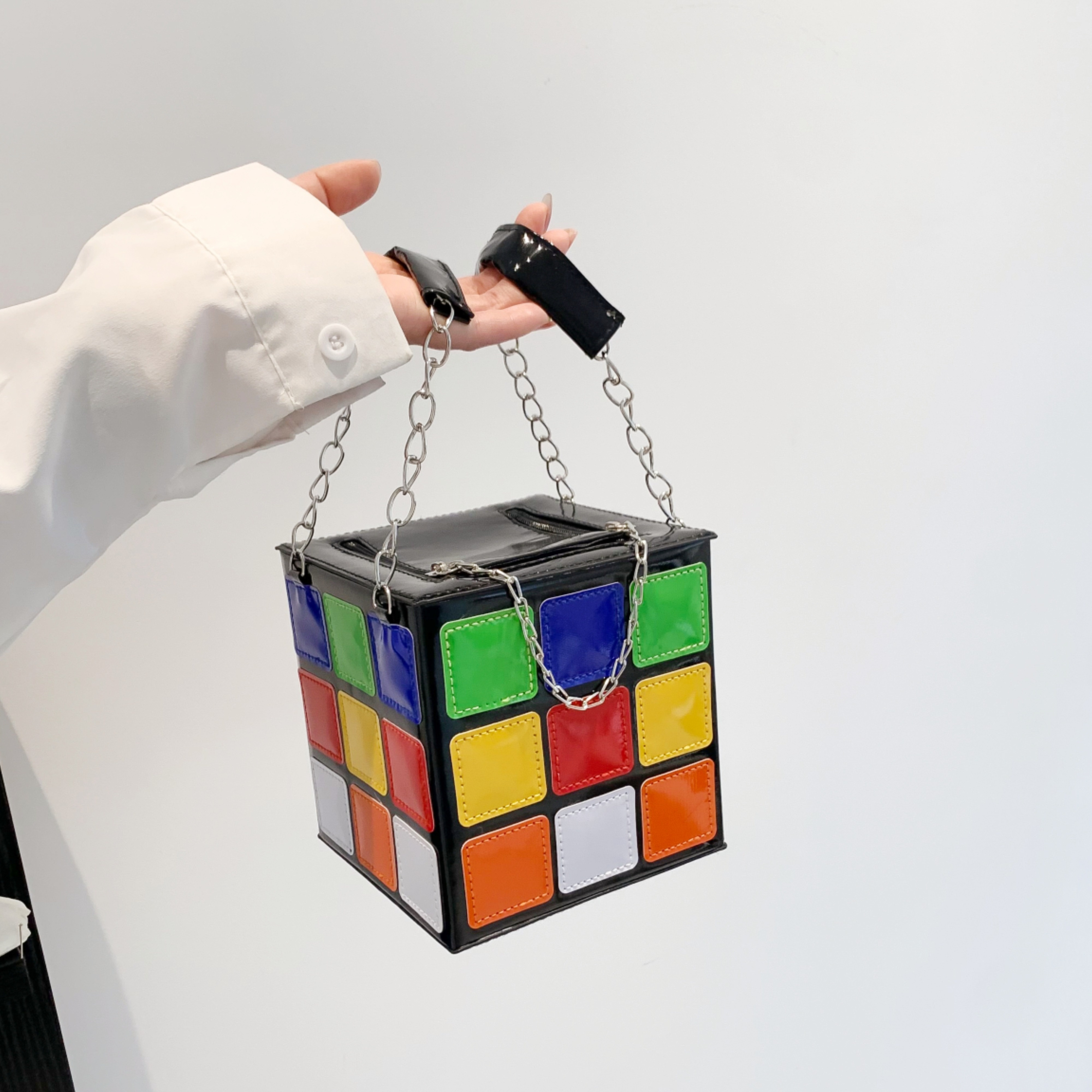 Mini Colorblock Cube Shape Handbag, PU Leather Metal Chain Novelty Clutch  Bag, Colorful Creative Magic Purse