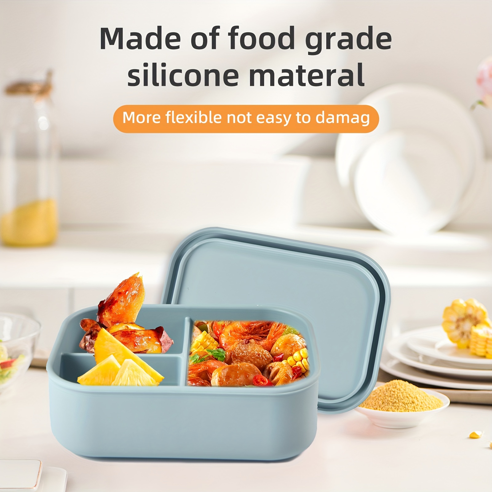 Silicone Kids Bento Lunch Box, Reusable 3 Compartment Silicone