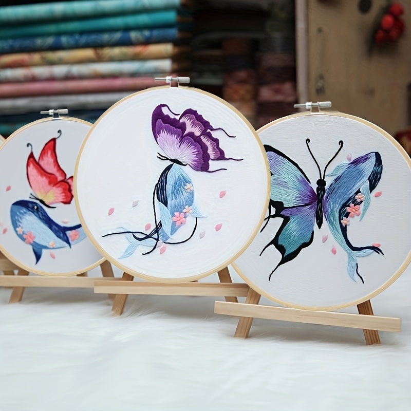  Kit de bordado de mariposa para adultos principiantes, kits de  punto de cruz estampado con patrón de mariposa, aros de tela bordados, hilos  y agujas, kits de agujas fáciles de hacer