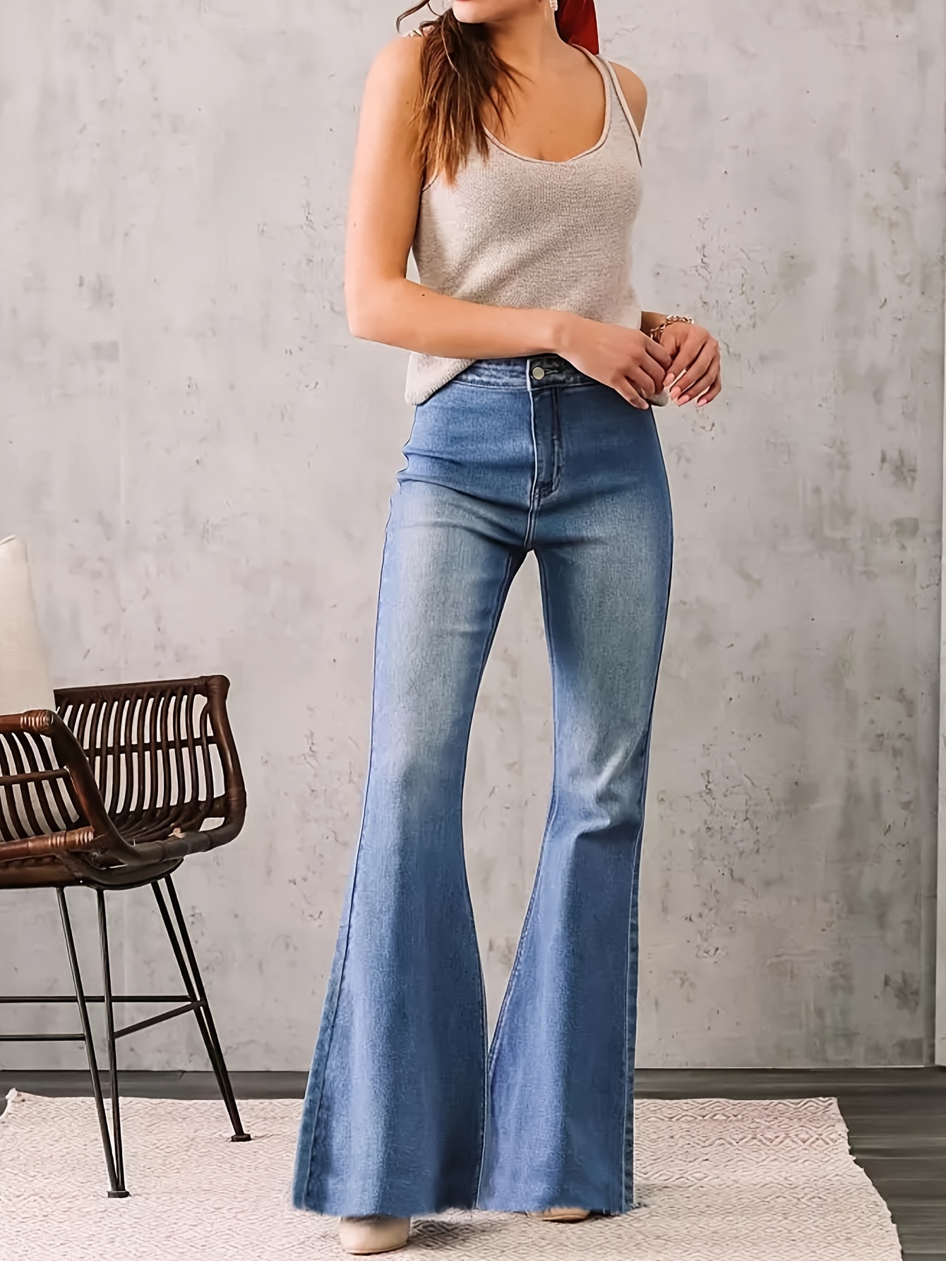 Plain High Stretch Flare Leg Jeans, High * Slim Fit Bell Bottoms Solid  Color Bootcut Denim Pants, Women's Denim Jeans & Clothing