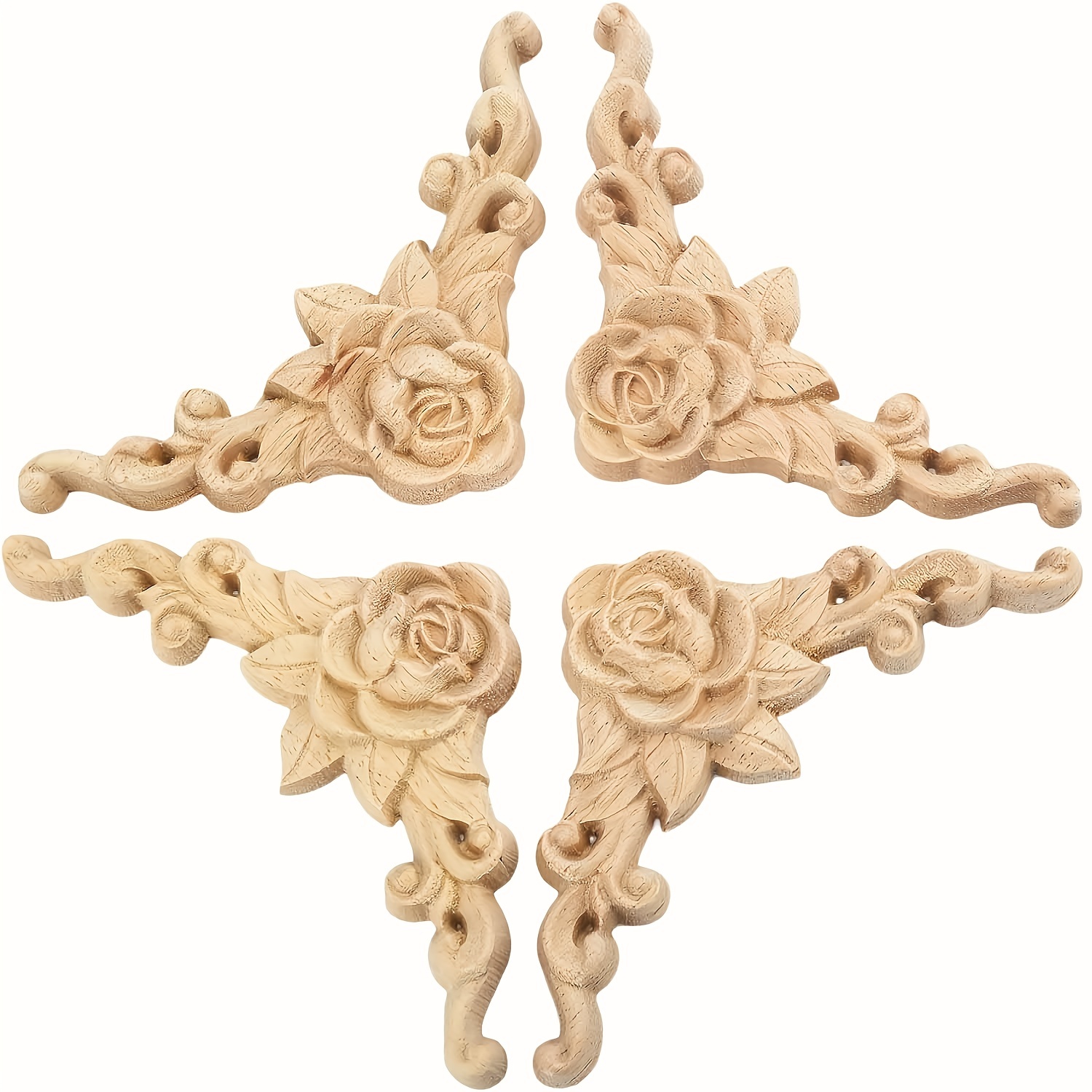 

4pcs Wood Appliques & Onlays For Furniture, 3.15" X 3.15"(8x8cm), Handmade Carved Unpainted Corner Decoration For Home Wall Door Bed Cabinet Cupboard Funiture Door Cabinet Retro Rose Pattern